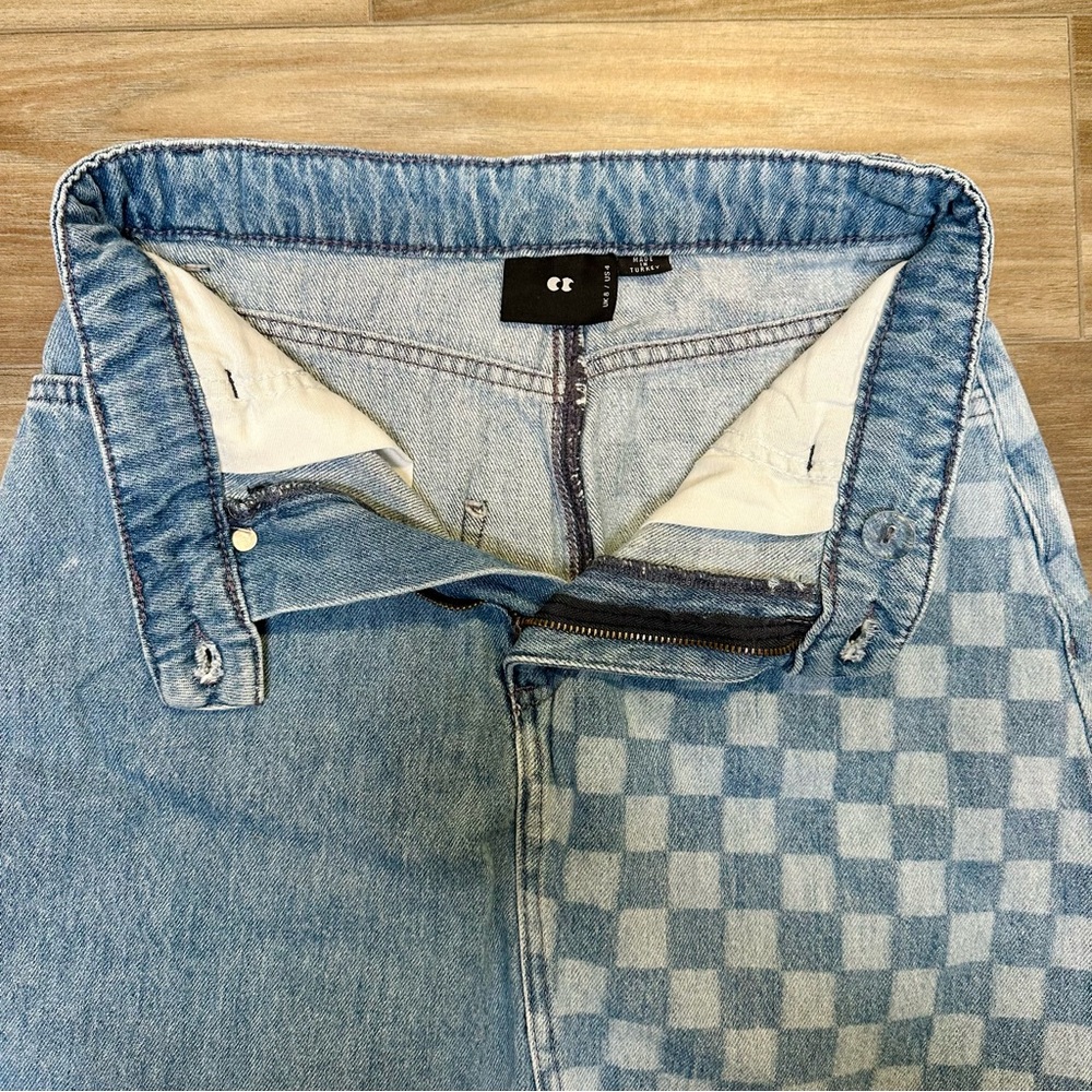 Asymmetrical Lazy Oaf 100% Cotton Half-Checkered Blue Denim Mini Skirt - Picture 4 of 10